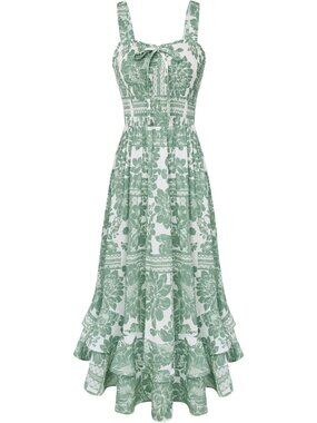 Women's White Green Square Neck Strapped A LINE Floral Boho Long Maxi Dress